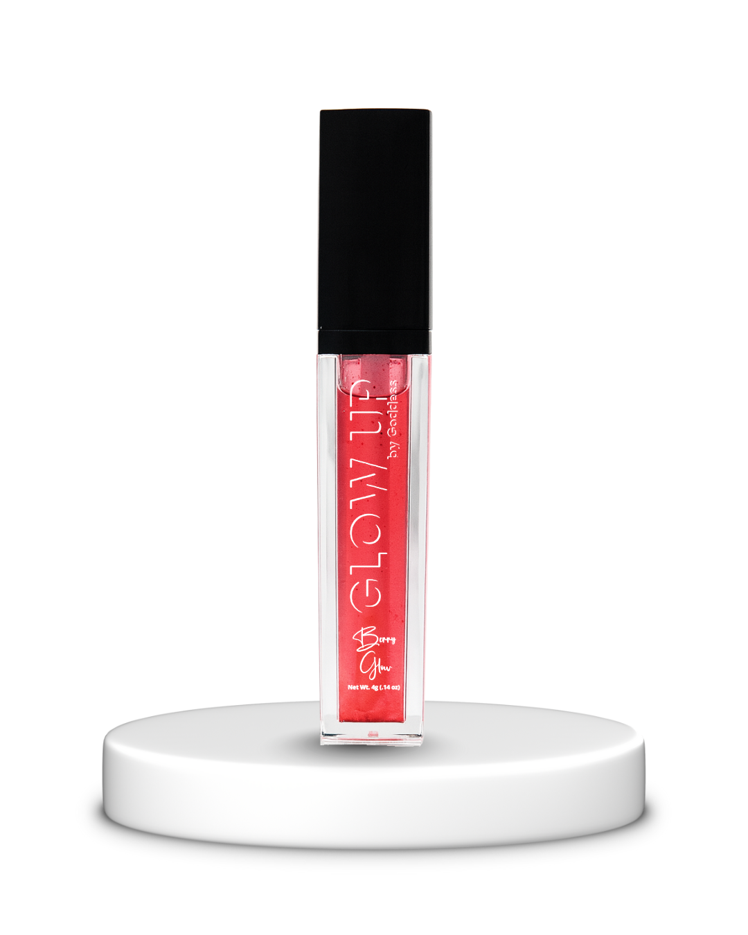 Berry glow sheer Lip glaze gloss with black cap on a white pedestal against a white background