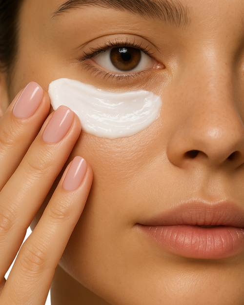 Close-up of a woman applying calm care eye & lip mask cream to her funder eye area.