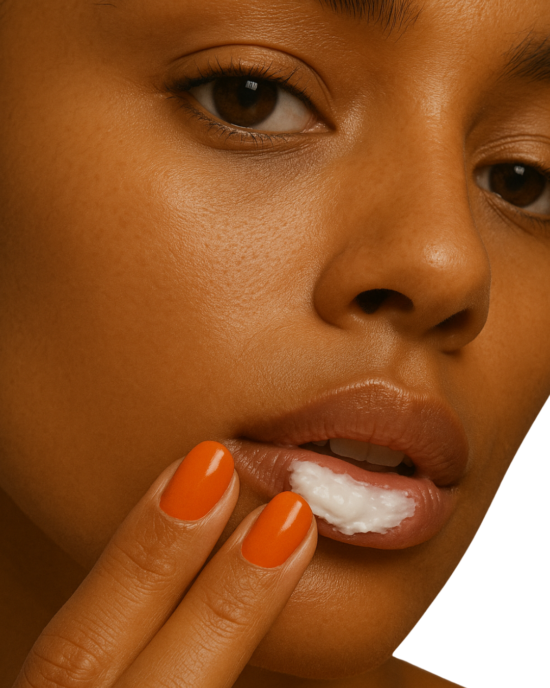 Close-up of a woman applying calm care eye & lip mask to lips with orange nails