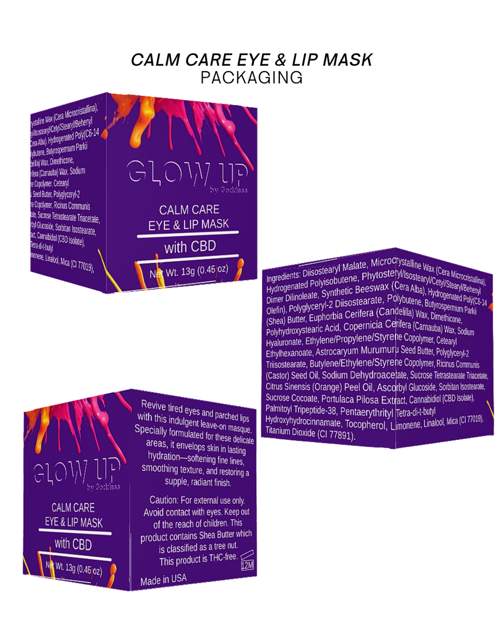 Glow Up Calm Care Eye & Lip Mask packaging with CBD on a white background