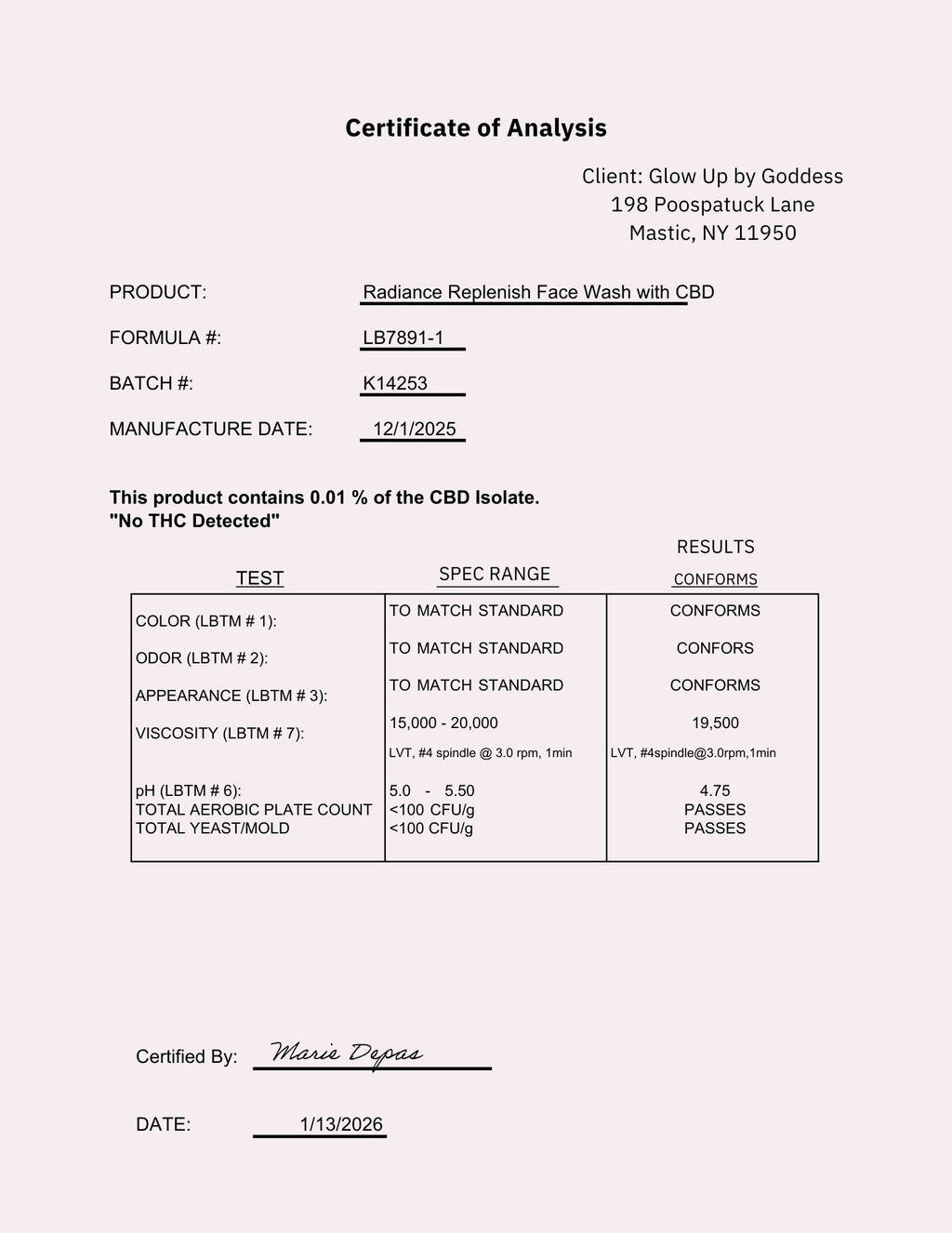 certificate of analysis document for CBD product: Radiance Replenish Face Wash. NO THC DETECTED.