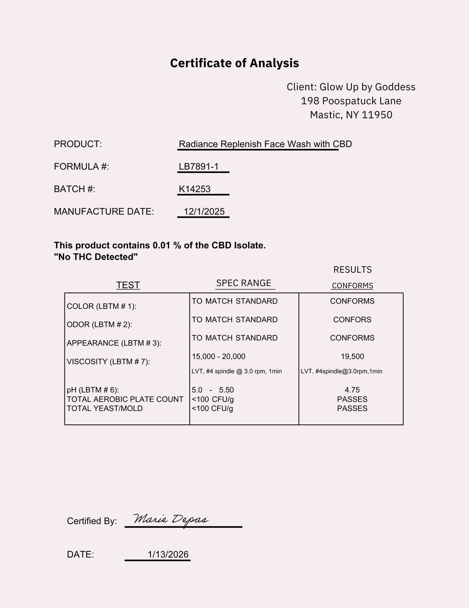 certificate of analysis document for CBD product: Radiance Replenish Face Wash. NO THC DETECTED.