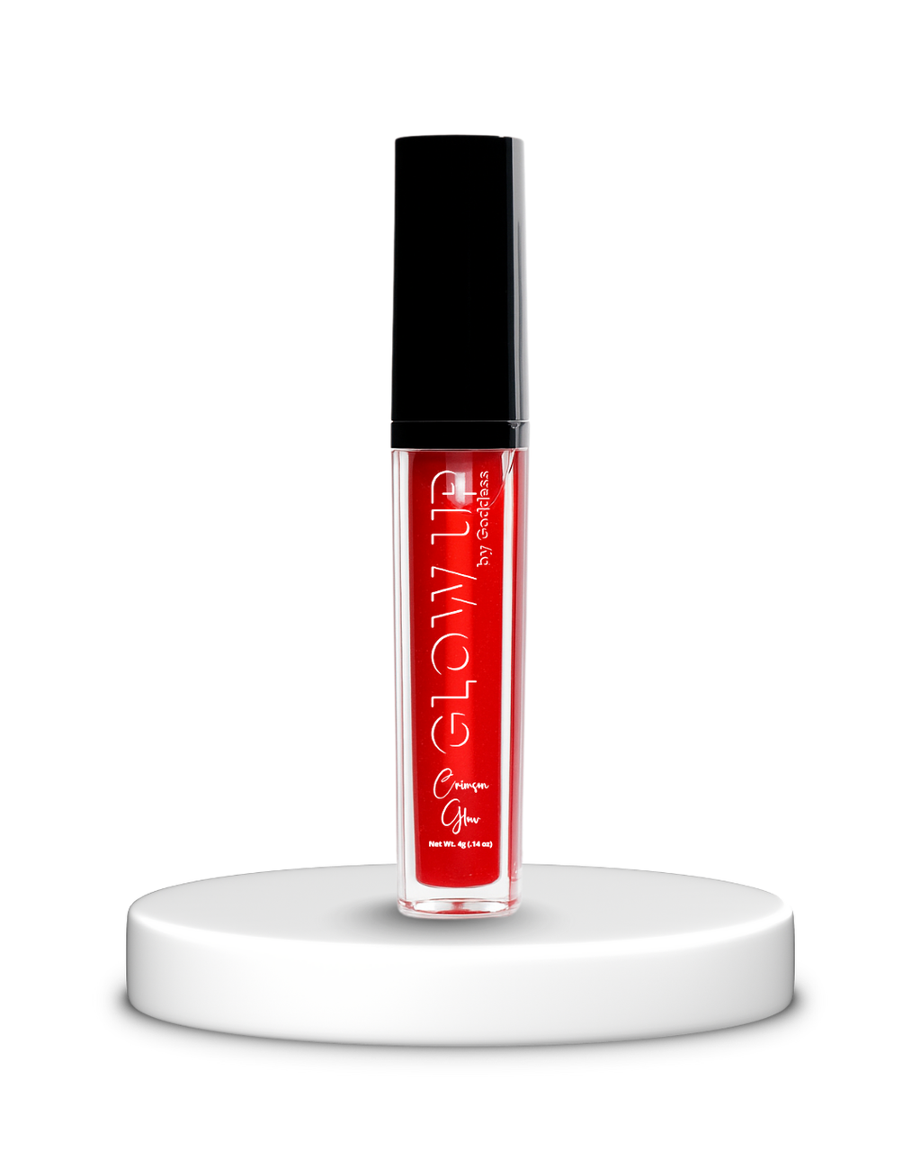 crimson glow sheer red lip glaze gloss with black cap on a white pedestal against a white background