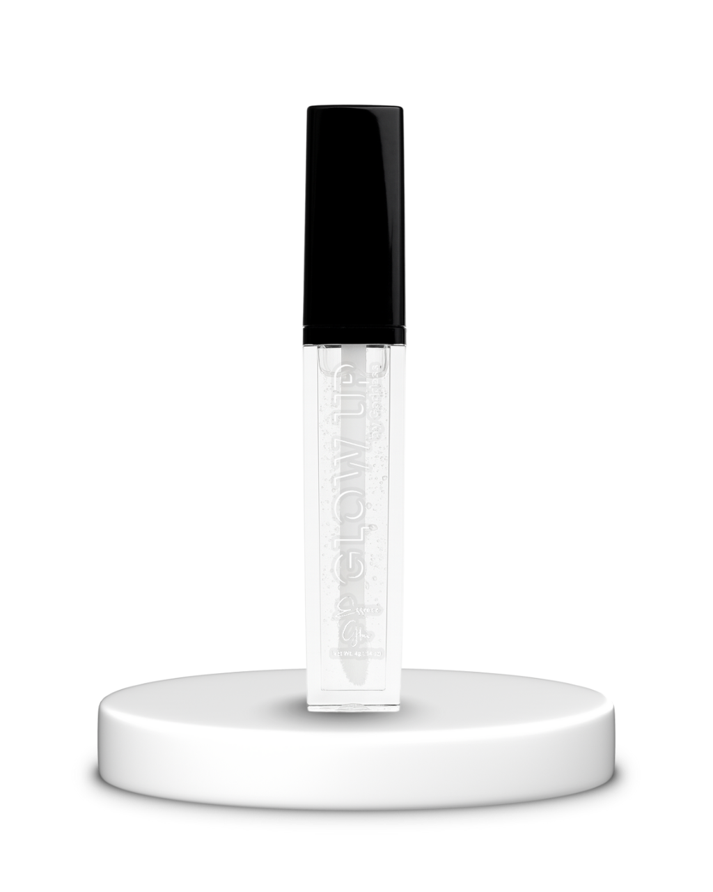 Essence glow clear lip glaze gloss with black cap on a white platform