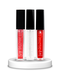 Lip Glaze Trio - Three  sheer lip glosses on a white stand with black caps, featuring the brand 'GLOW UP'. colors are: Berry glow, Essence glow, and Crimson glow