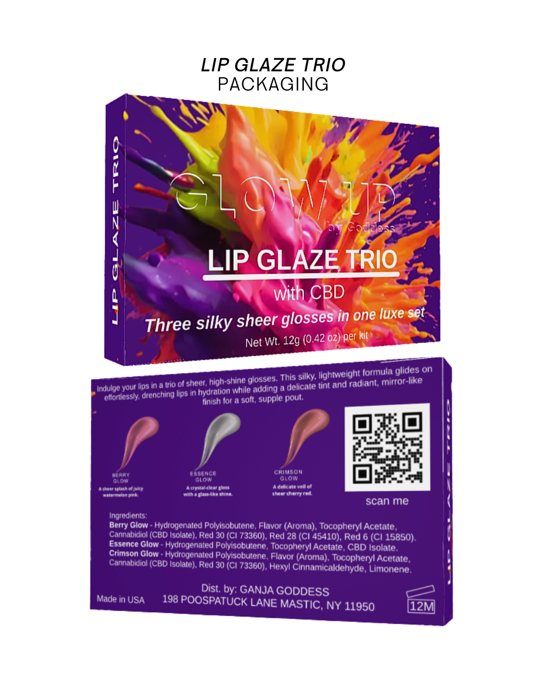 Lip glaze trio packaging with colorful design and product details on a white background