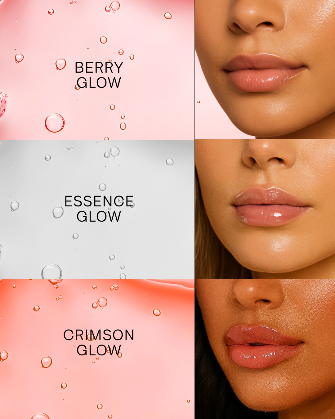 Collage  swatch of berry, essence, and crimson glow with close-up of lips and skin.