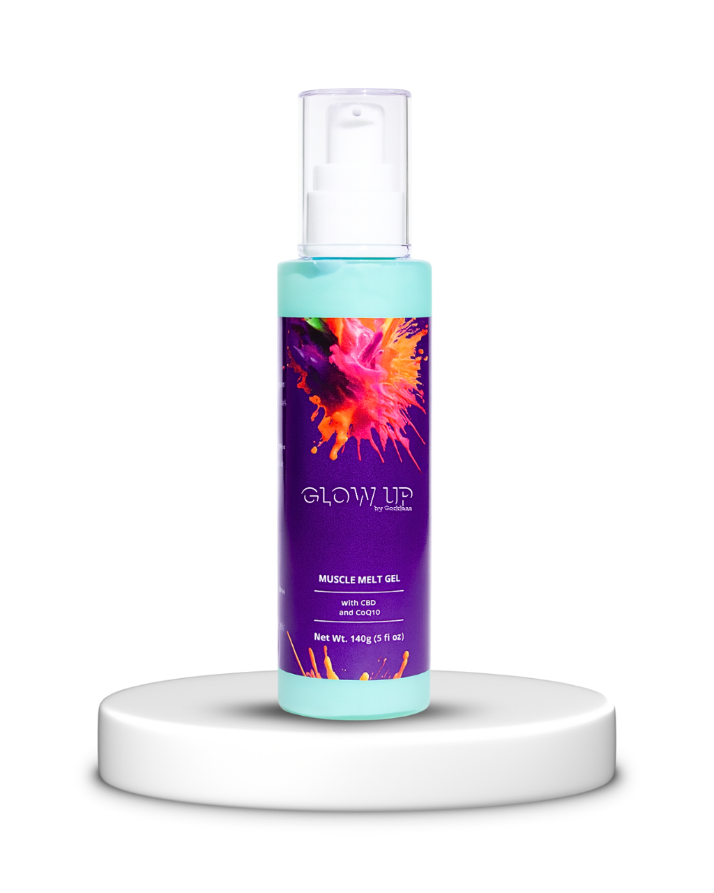 Glow Up muscle melt gel bottle with colorful label on a white background