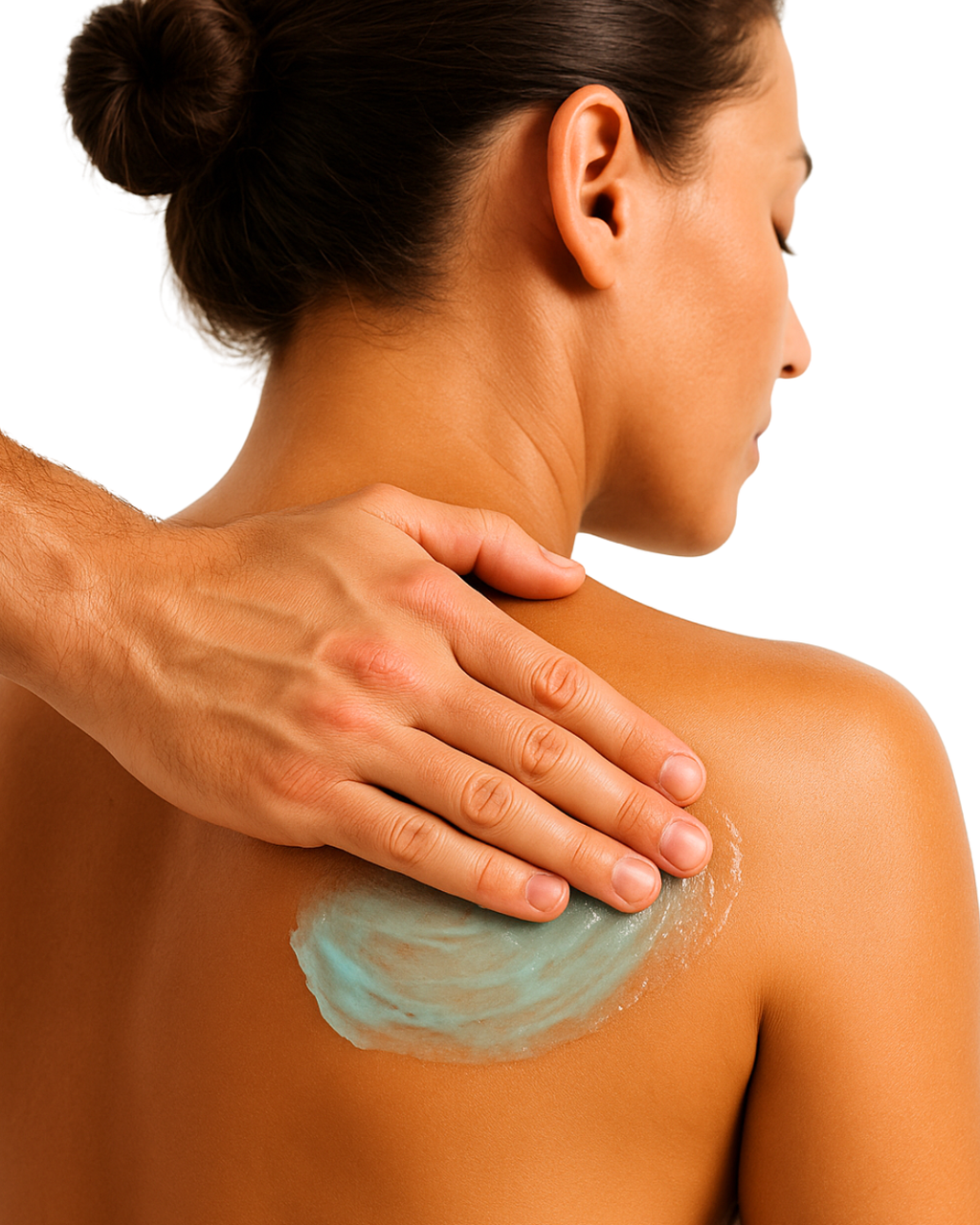Person applying muscle melt gel to another person's shoulder and back.