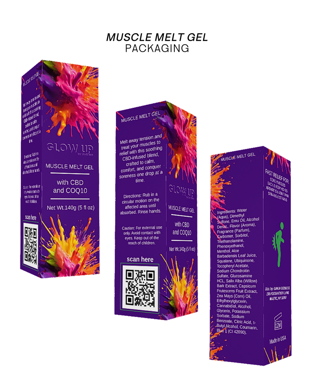 Glow Up Muscle Melt Gel packaging with colorful design on a white background