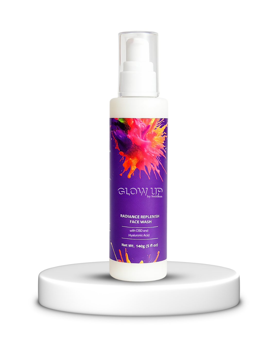 Glow Up radiance replenish face wash bottle with colorful label on a white background