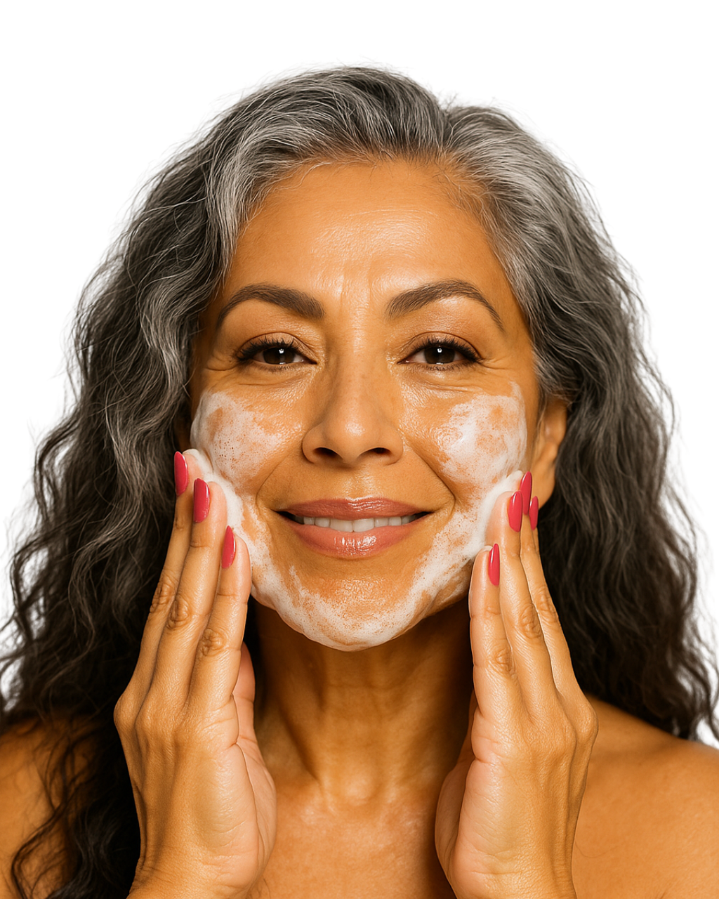 Woman applying radiance replenish face wash to her face with a white background