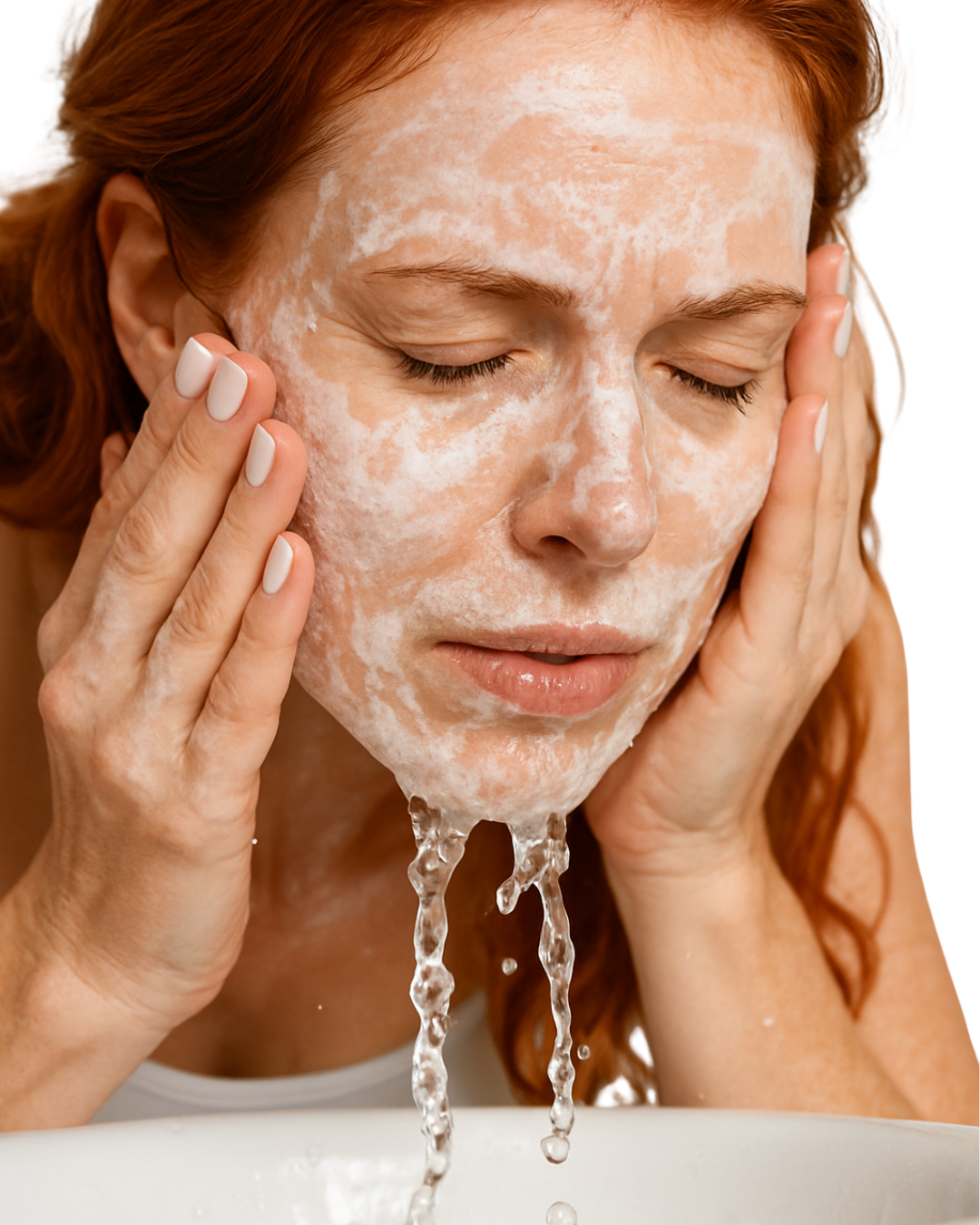 Woman rinsing off radiance replenish face wash with water dripping from her face over the sink