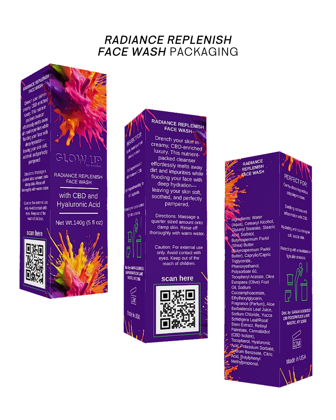 Radiance Replenish Face Wash packaging with colorful design and text on a white background