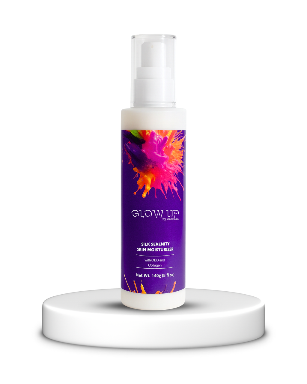 Bottle of Glow Up skincare product  silk serenity skin moisturizer on a white background