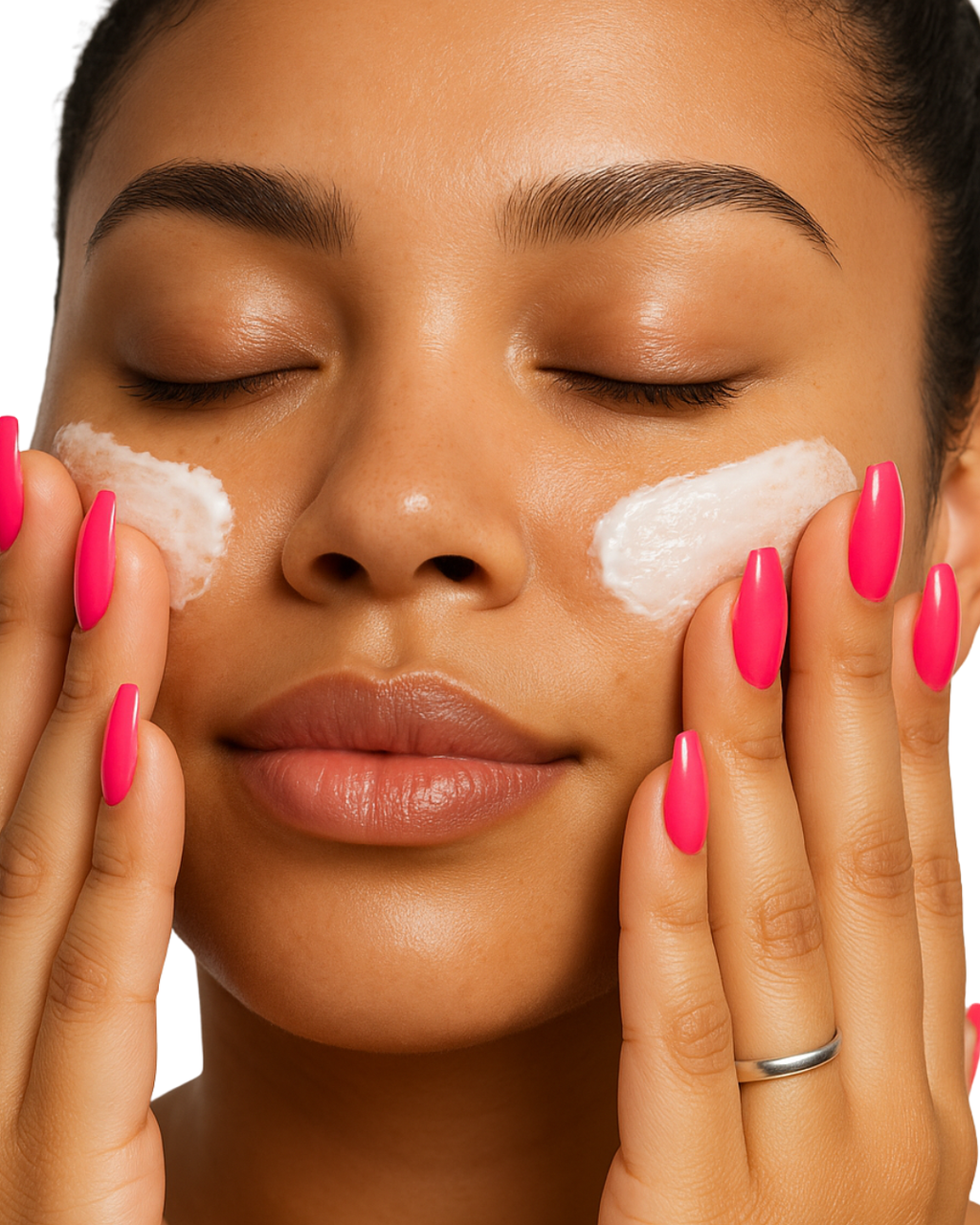 Woman applying silk serenity skin moisturizer to her face with pink nail polish