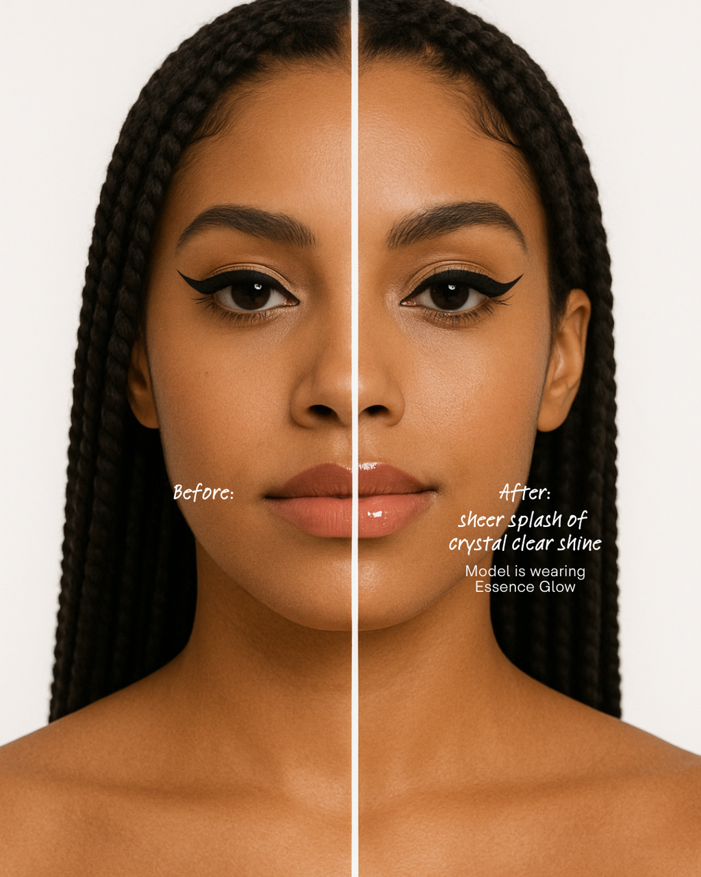 Before and after comparison of a woman's face with essence glow clear lip glaze gloss applied on a white background