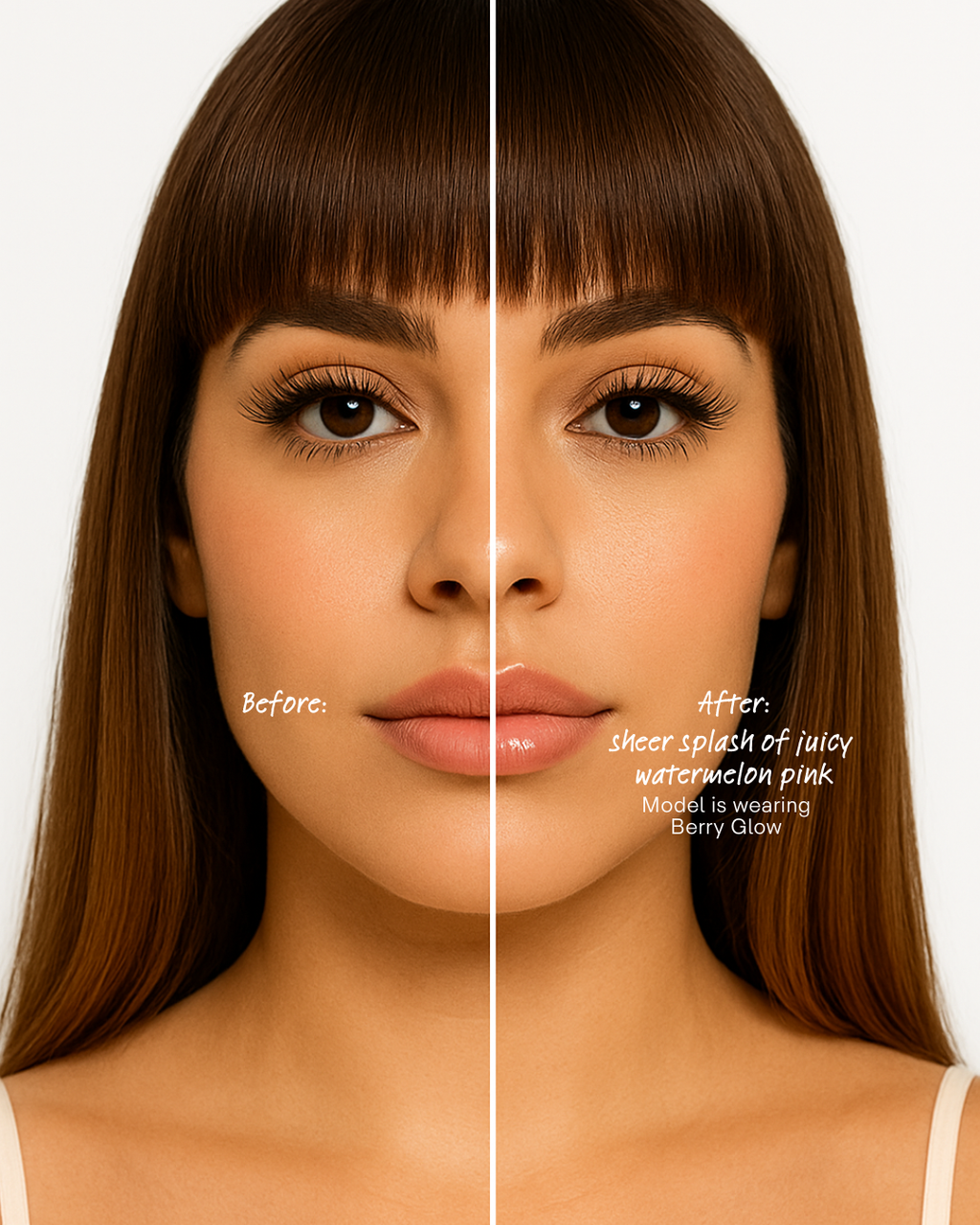 Before and after comparison of a woman's face with Berry glow lip glaze gloss applied.