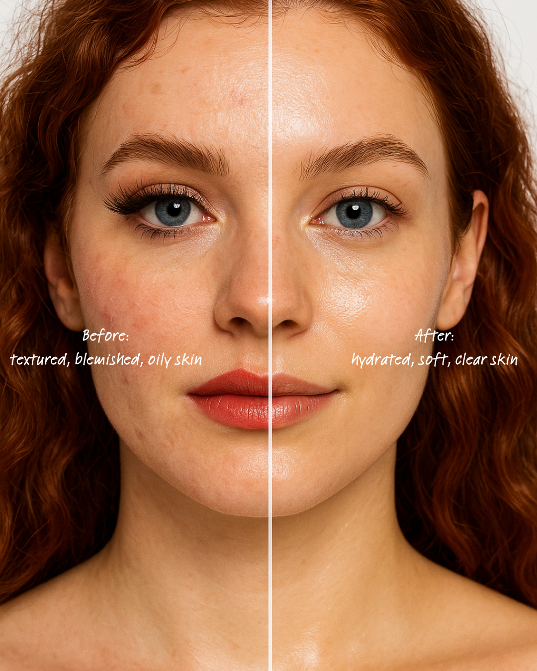 Before and after comparison of a woman's face results after using radiance replenish face wash indicating skin texture changes.