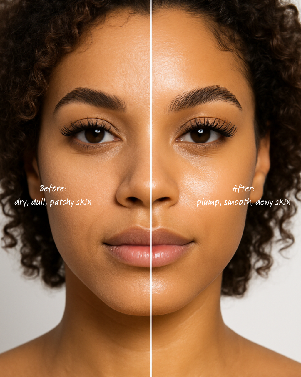 Before and after comparison of silk serenity skin moisturizer on a woman's face with usage results indicating skin improvement.