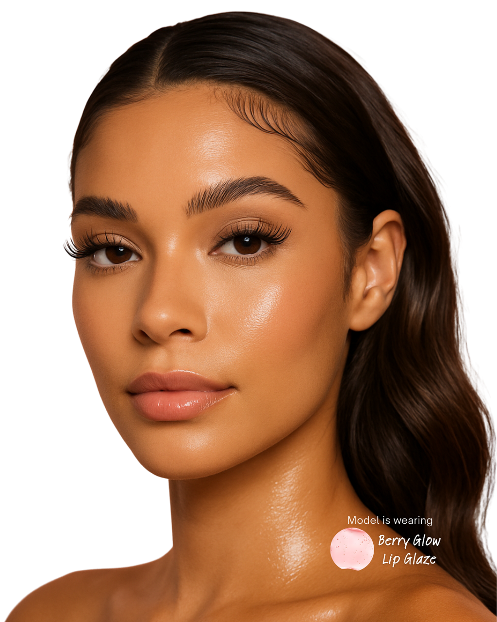 Model wearing Berry Glow Lip Glaze with a neutral background