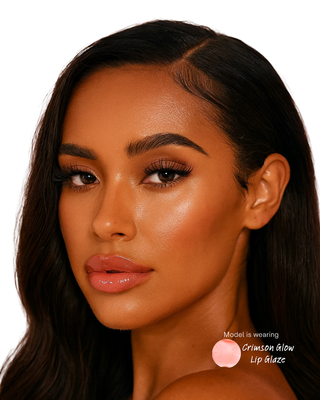 Close-up of a woman with dark hair, wearing 'Crimson Glow Lip Glaze'.