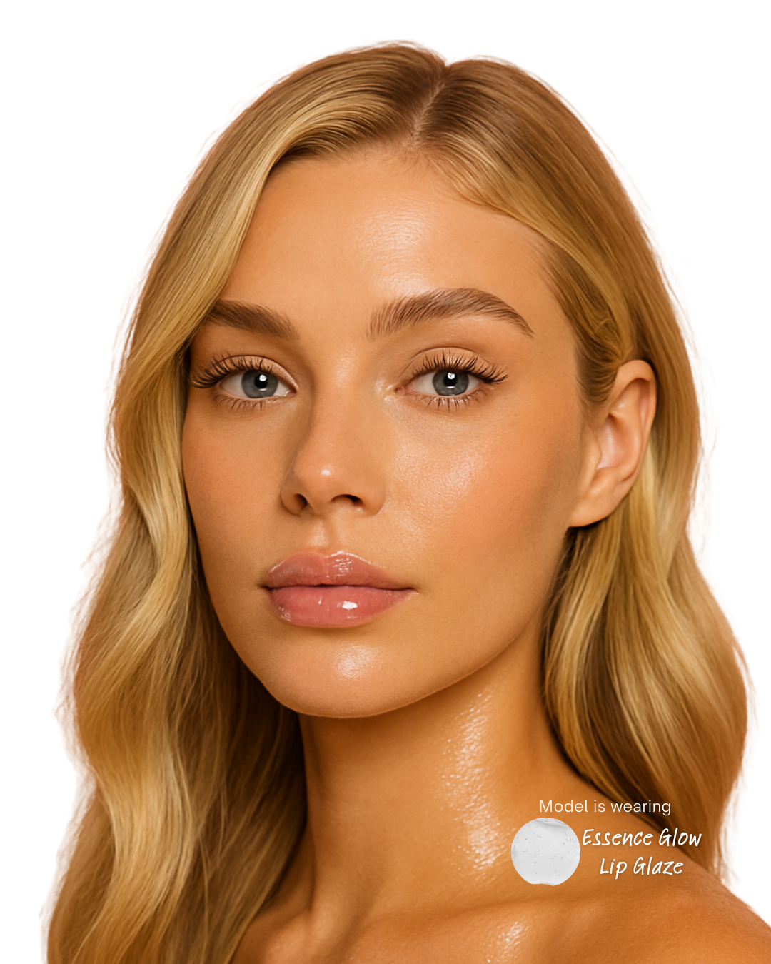 Woman wearing Essence Glow Lip Glaze with a plain background