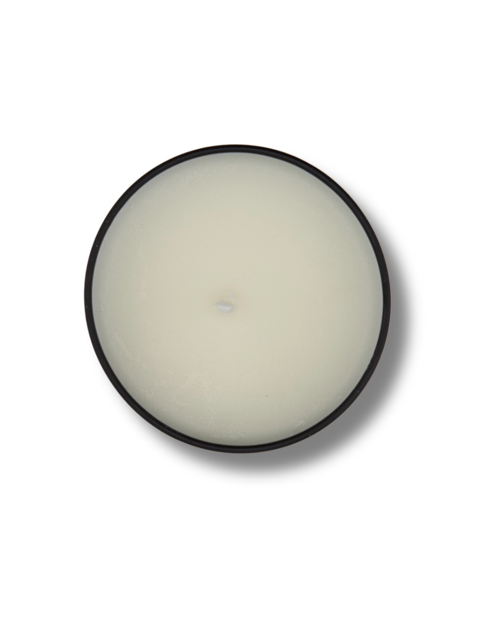 Round white eucalyptus mint candle with a black rim on a white background