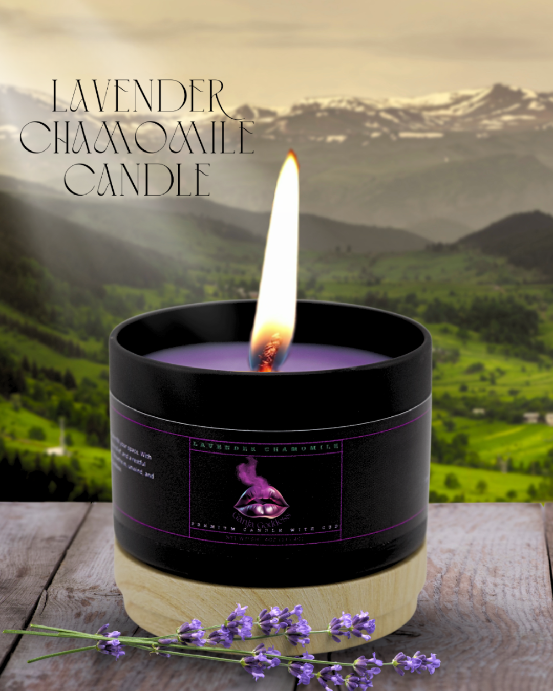 Lavender Chamomile candle with a mountainous landscape in the background